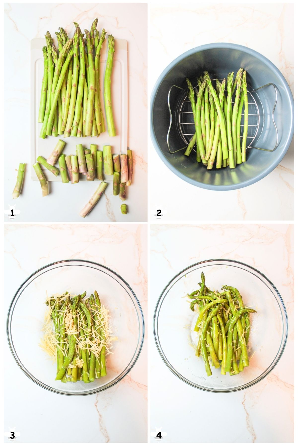 trim asparagus and cook in instant pot before mixing with cheese and seasonings.