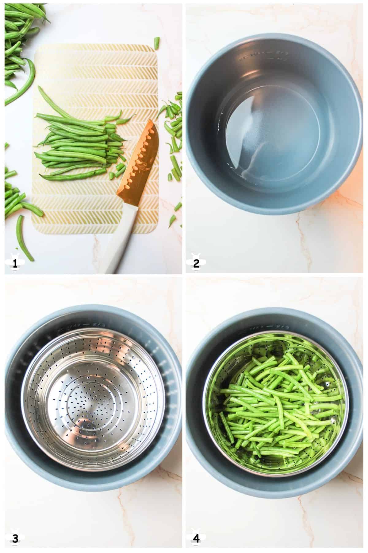 wash and trim green beans then add water, trivet, and green beans to instant pot.
