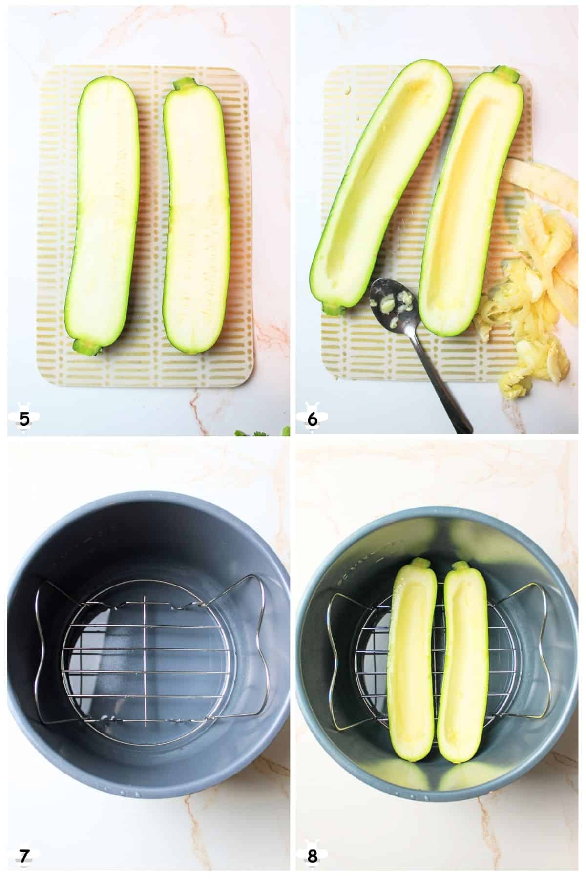 slice zucchini in half and scoop center then place on trivet in instant pot with water.