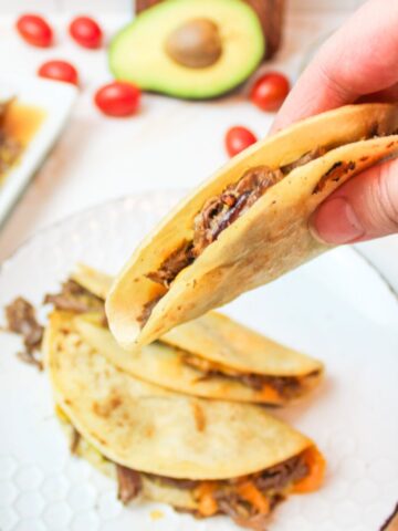hand holding a pot roast taco above a plate with more on it.