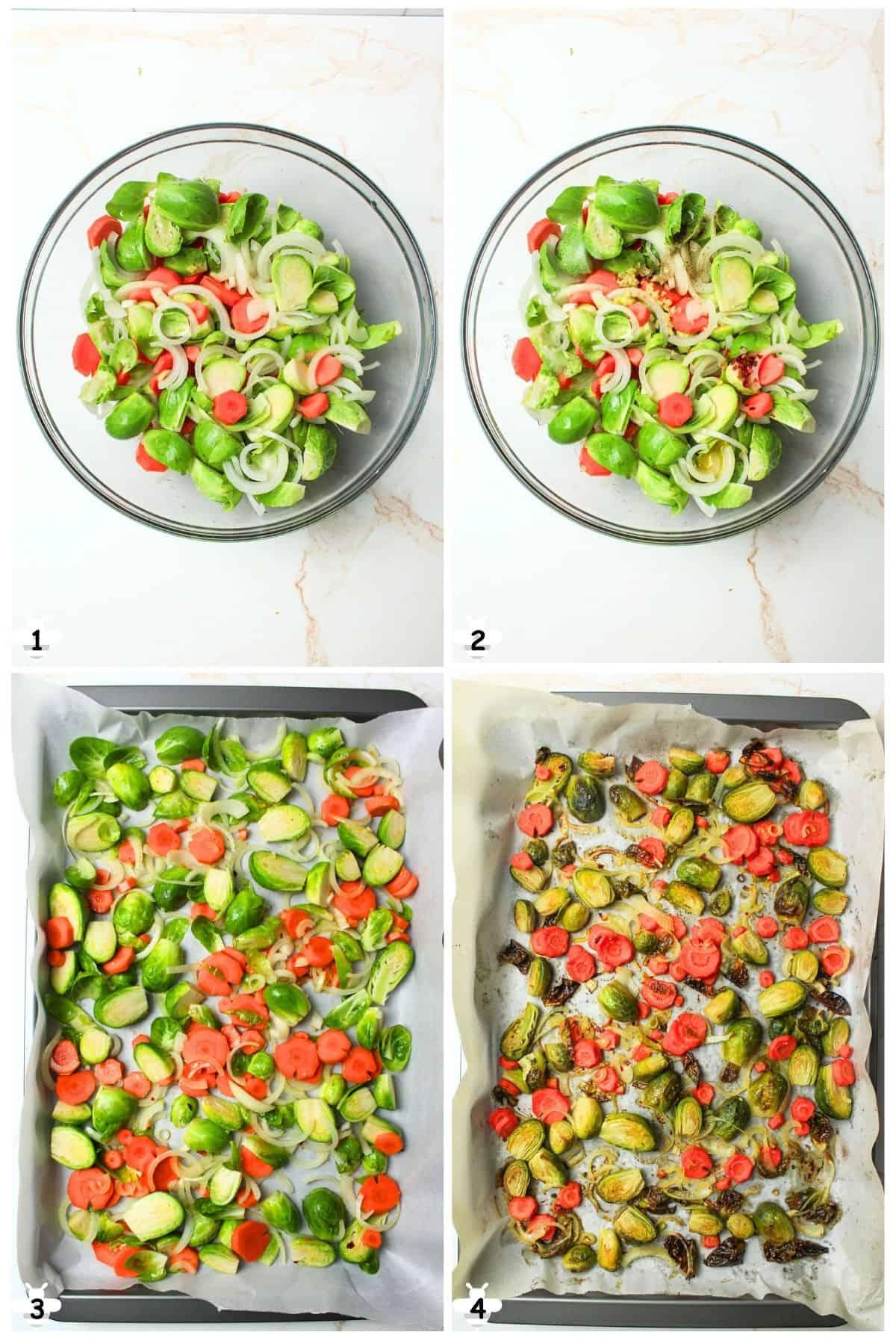 mix everything together in a mixing bowl and spread on a baking sheet, then roast.