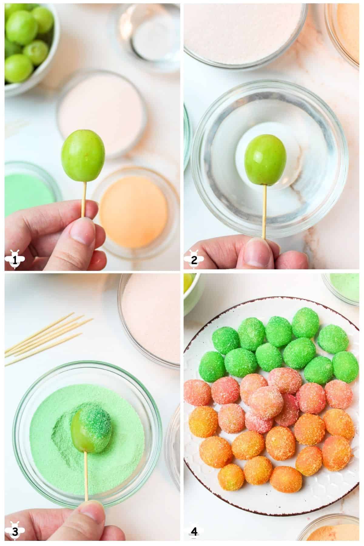 stick a toothpick in a grape, dip in water, and then swirl in dry jello mix.