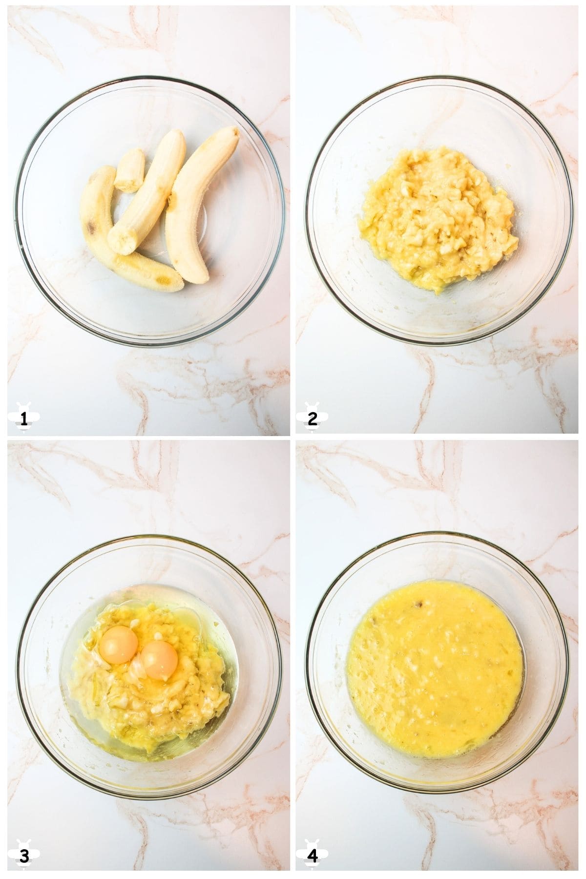 mash banana in a bowl and then mix in the oil and eggs.