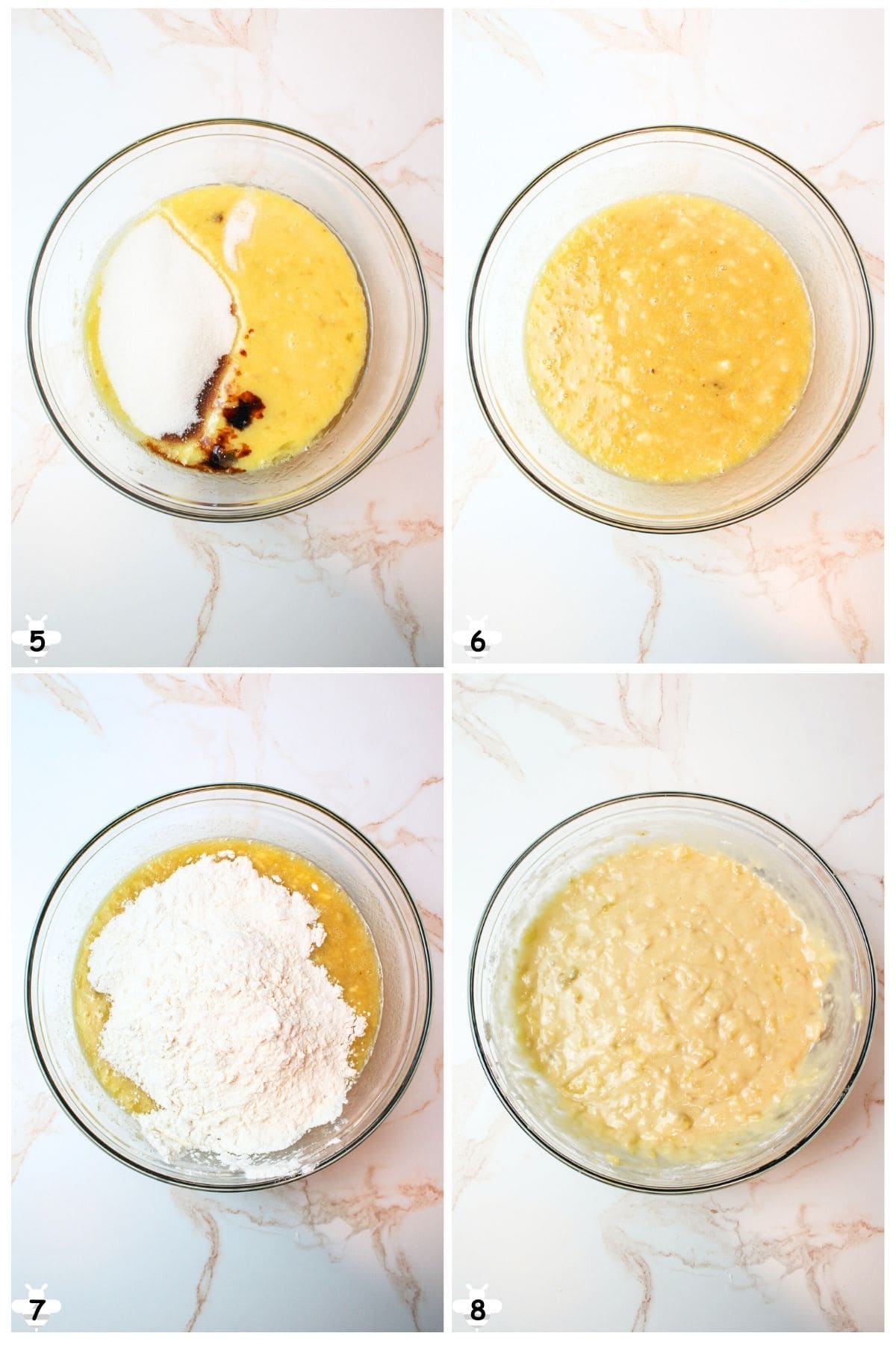 mix in sugar salt and vanilla, before mixing in baking soda, baking powder and flour.