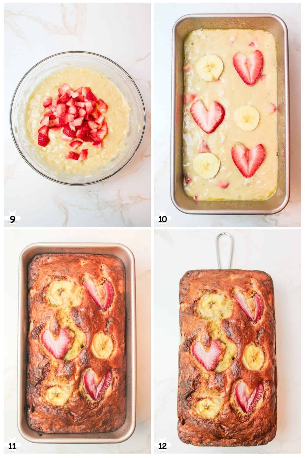 add in chopped strawberries and the pour into a bread loaf pan before baking and cooling.
