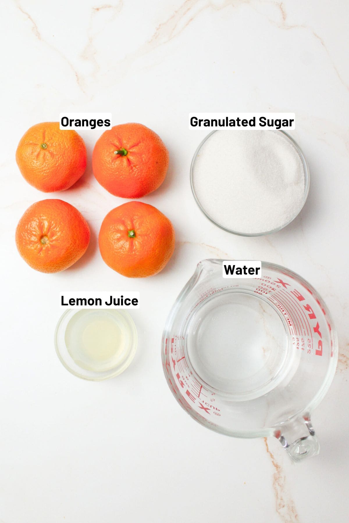 labeled ingredients needed to make small batch orange marmalade.