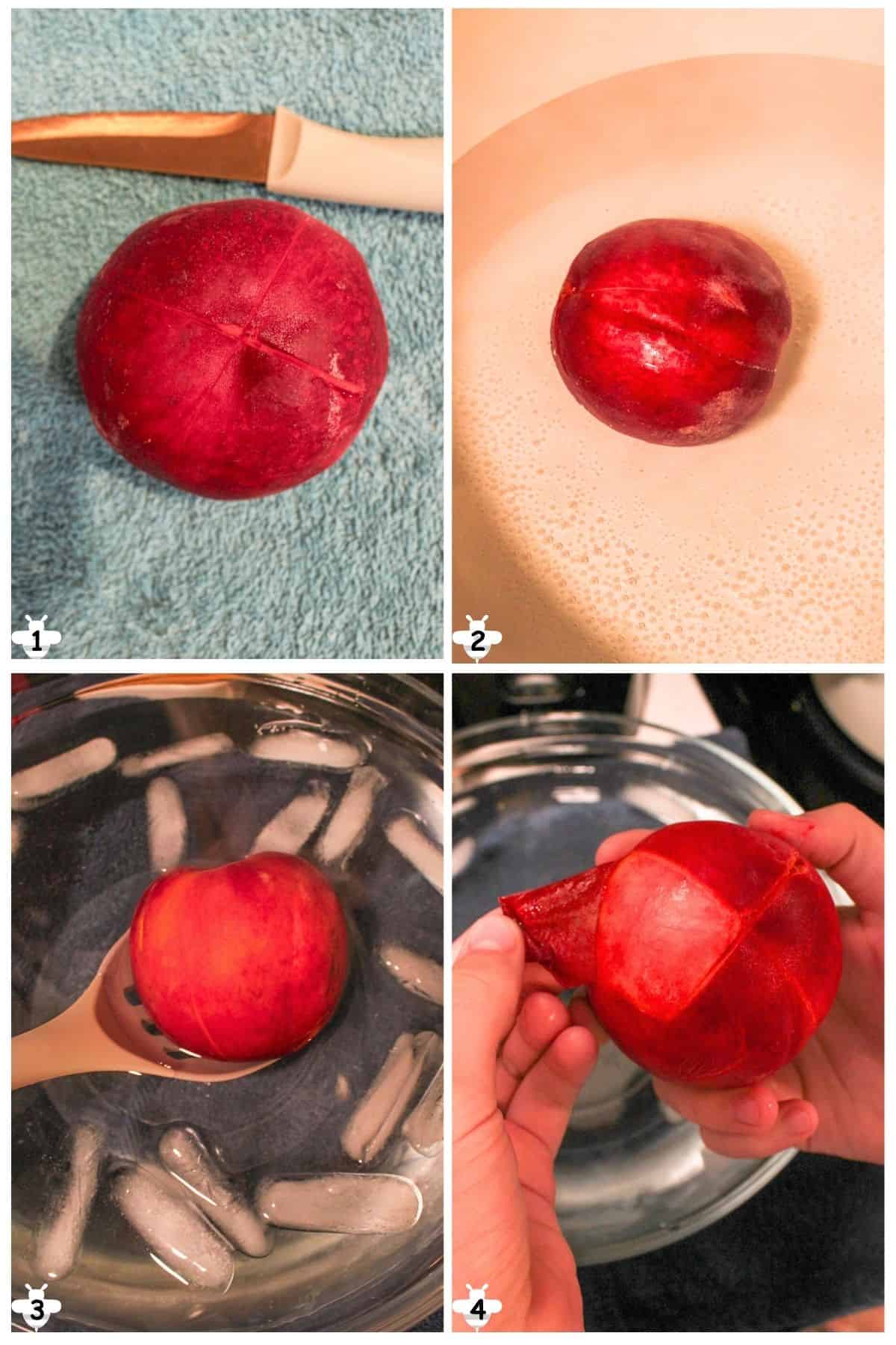 peel a peach by boiling it and then dipping in ice water.