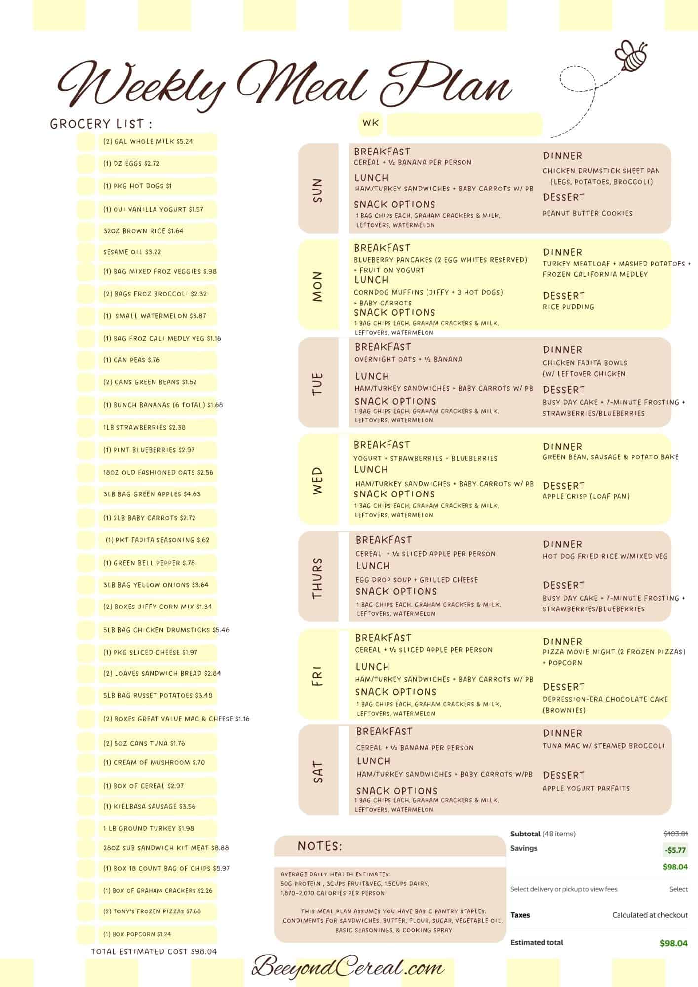 a weekly meal plan plus shopping list.