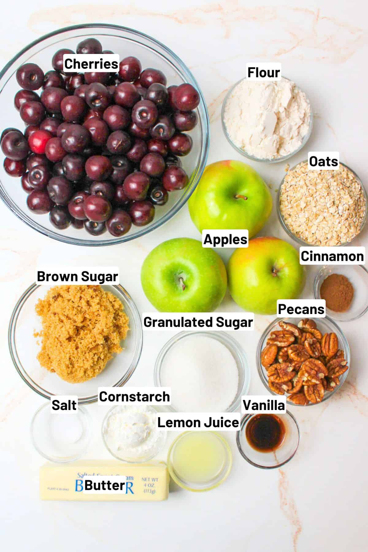 labeled ingredients needed to make cherry apple cobbler.