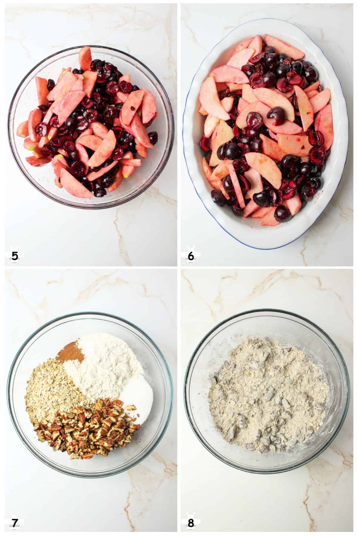 pour filling into baking dish and mix dry topping ingredients in bowl.