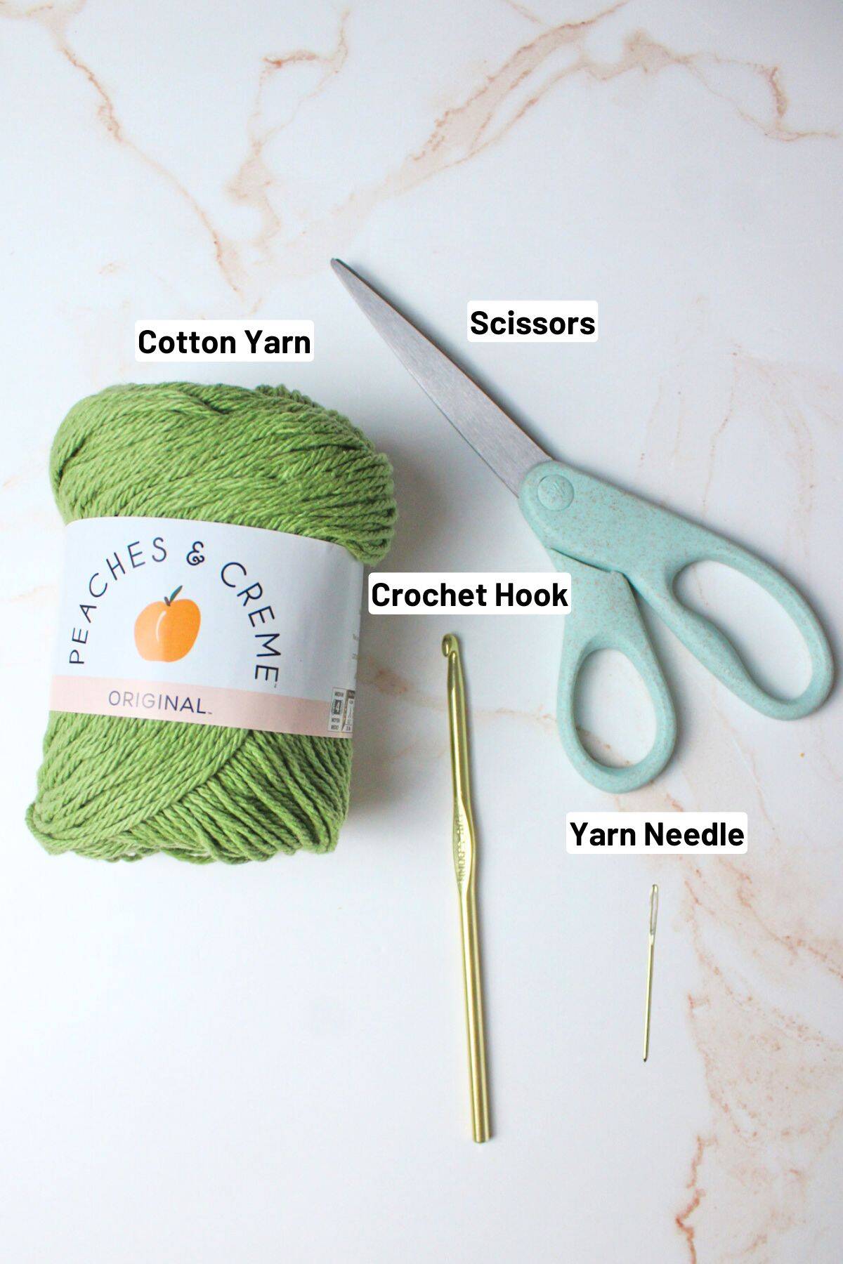 labeled materials needed to make crochet onion holder.