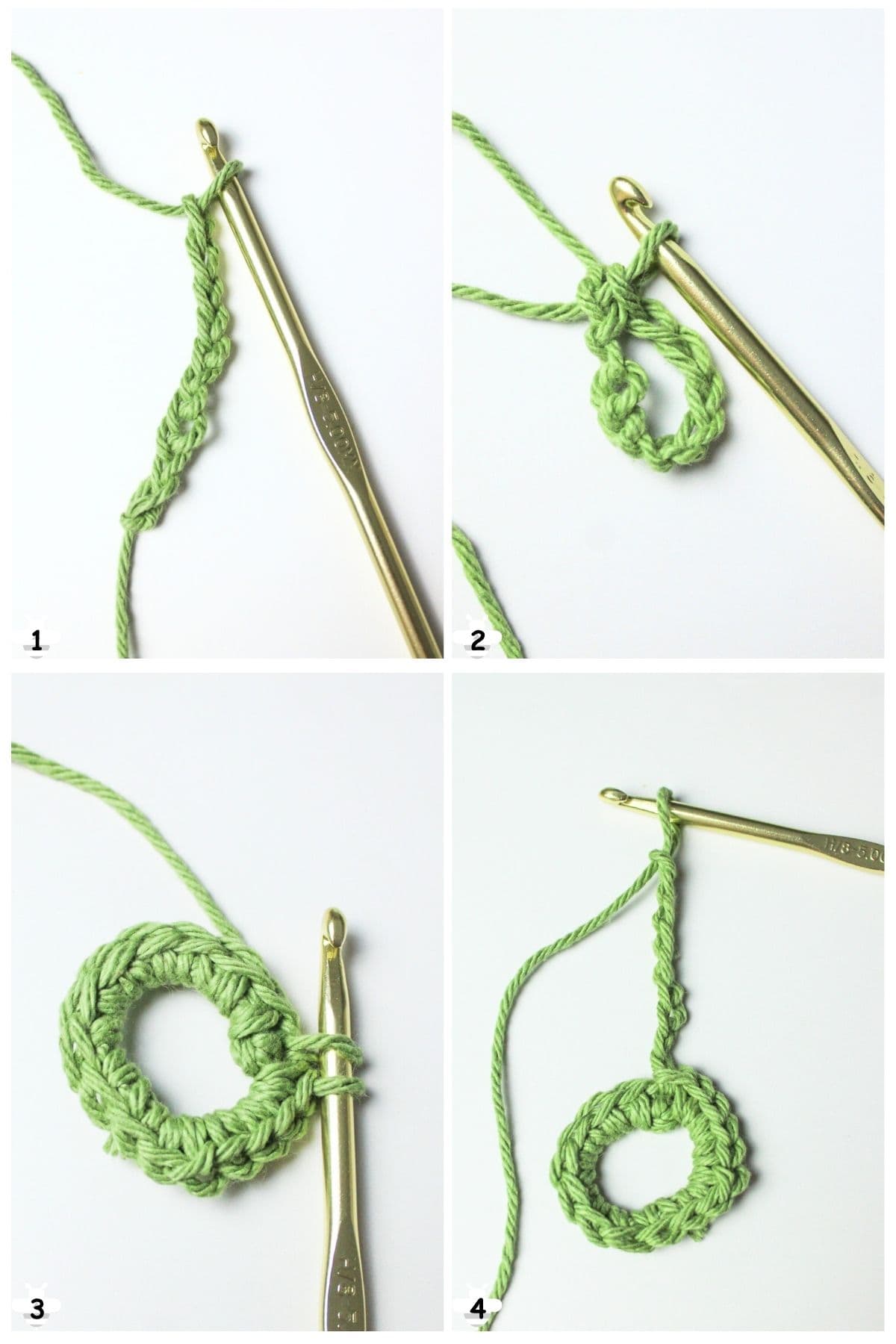 chain, form a circle, chain stitches into circle and then add chains.