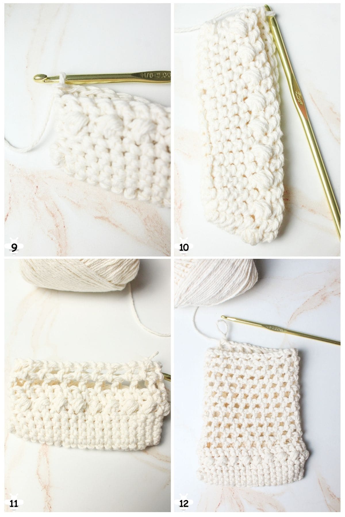 do a round of single crochet over the puff stitches then begin mesh.