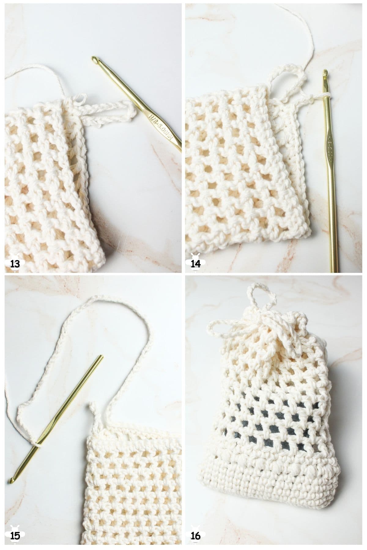 continue mesh rounds and then make top edge and long chain for weaving.