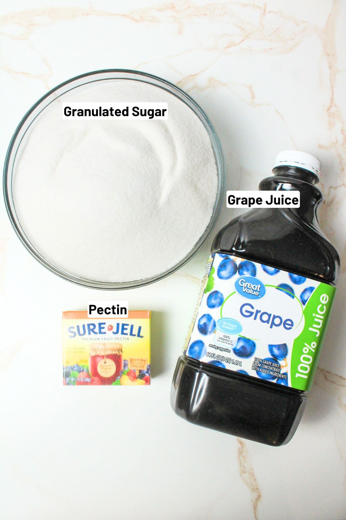 labeled ingredients needed to make grape jelly.