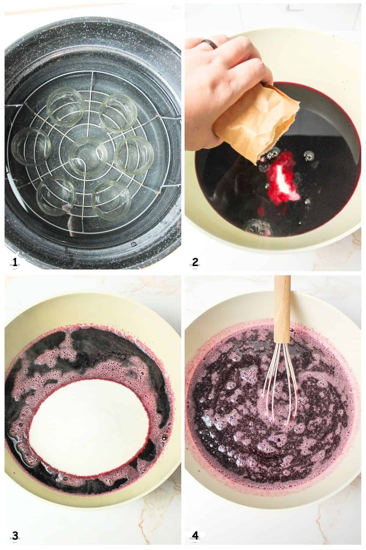 sterilize jars then mix juice and pectin before stirring in sugar.