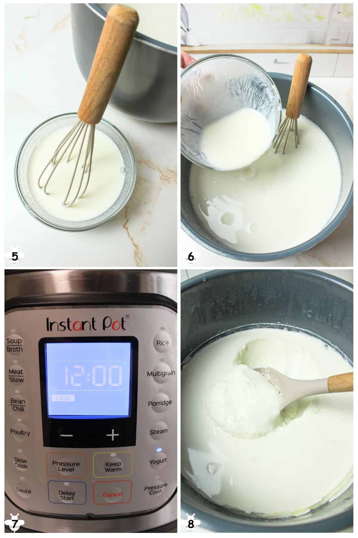 whisk yogurt with warm milk add to pot and cook for several hours.