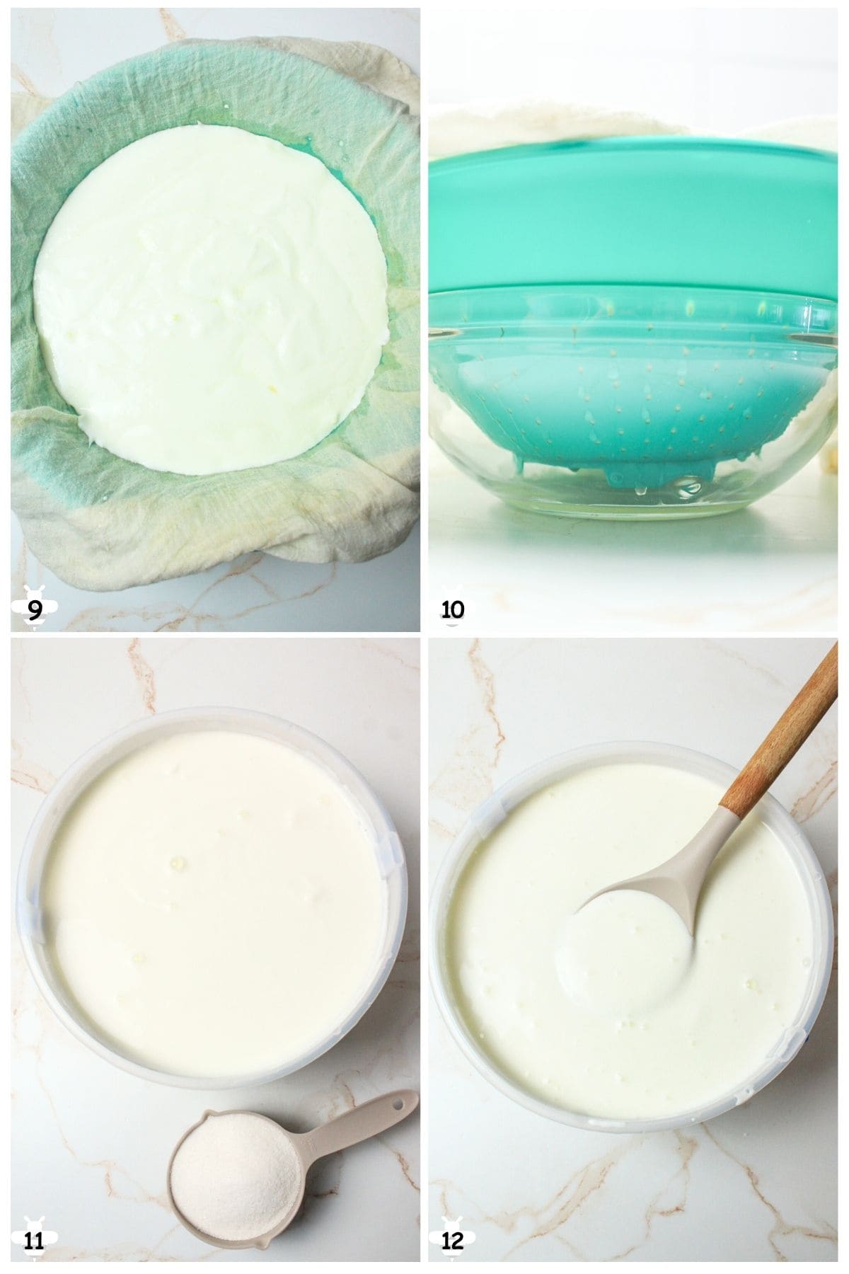 strain through cheesecloth to thicken and add sugar if desired.
