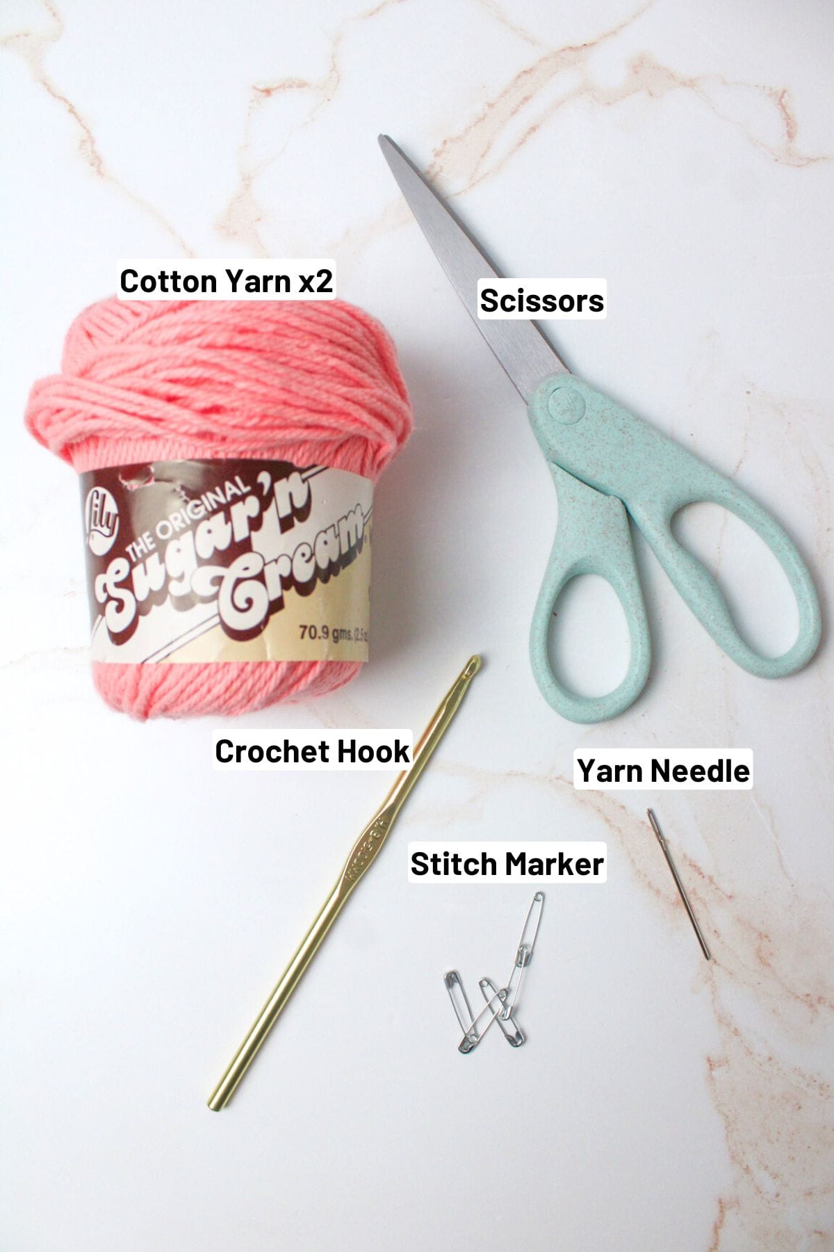 labeled materials needed to make crochet market bag.