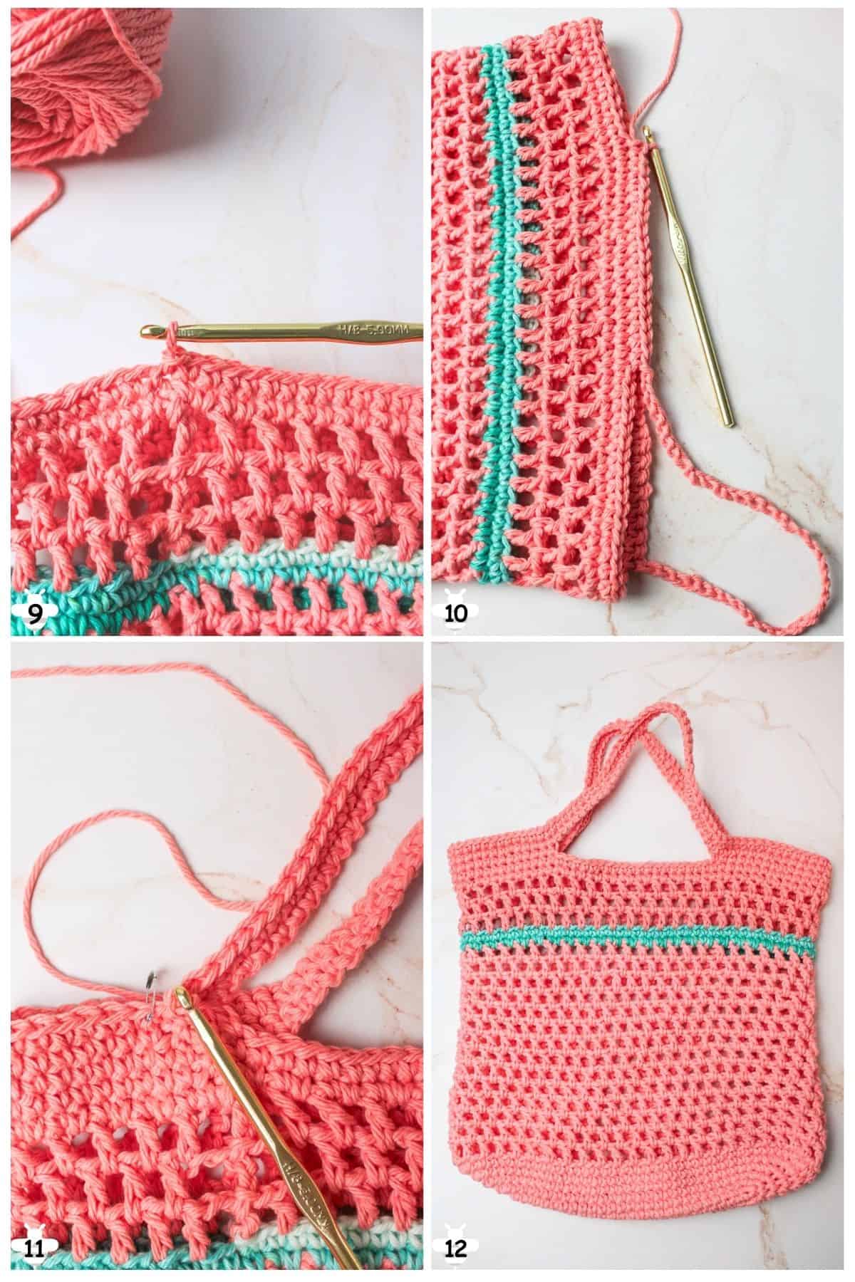 add several single crochet rounds at top including handles.