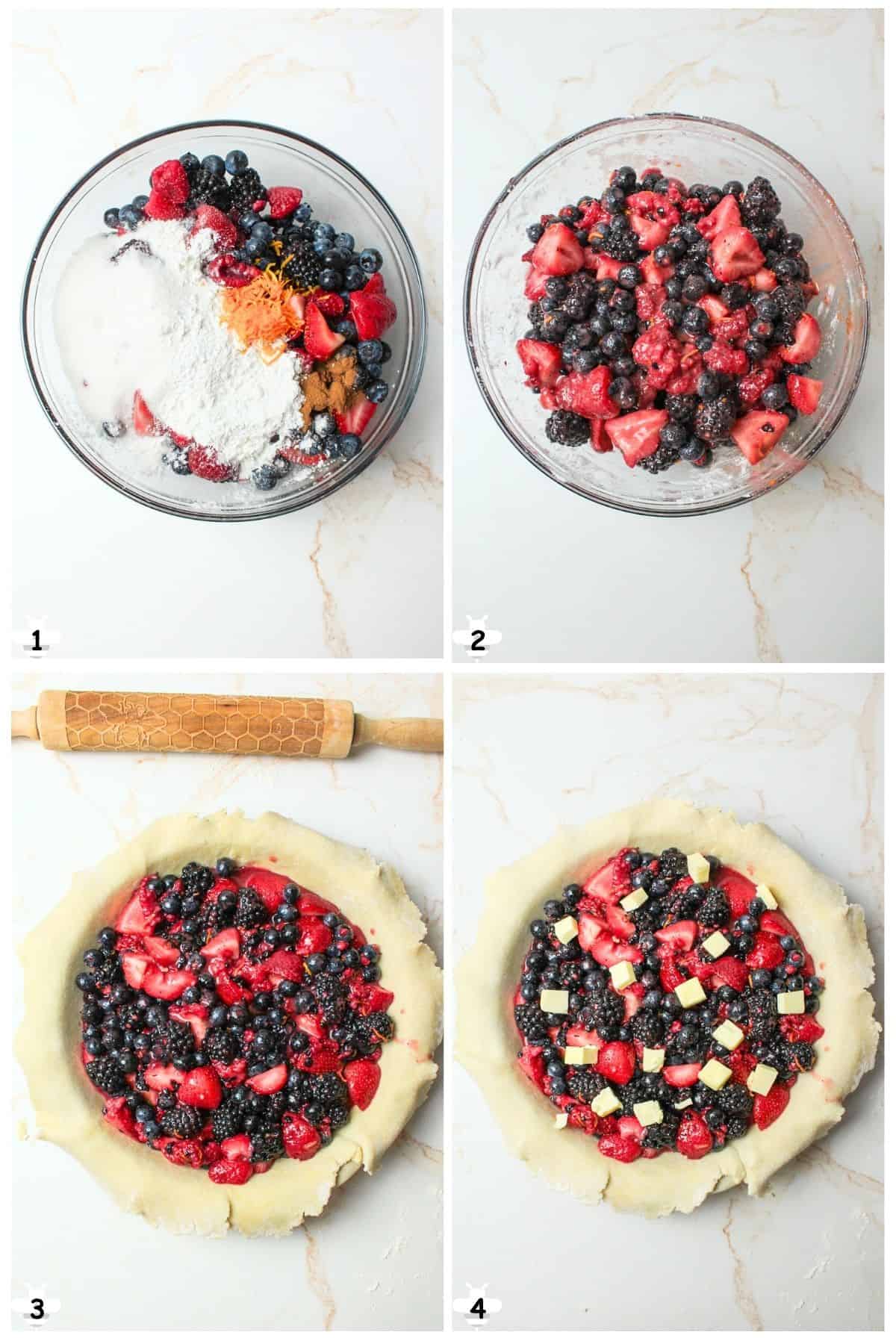 mix filling ingredients in a bowl, add to crust and dot with butter.