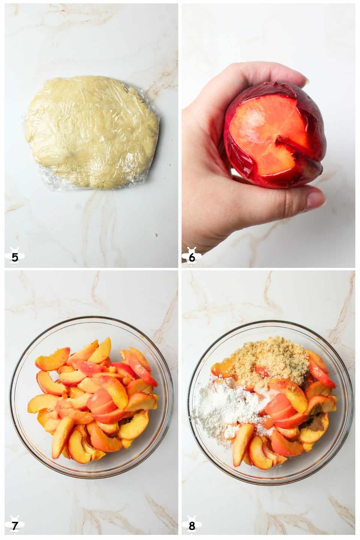 chill pie dough, peel peaches, and mix peach filling.