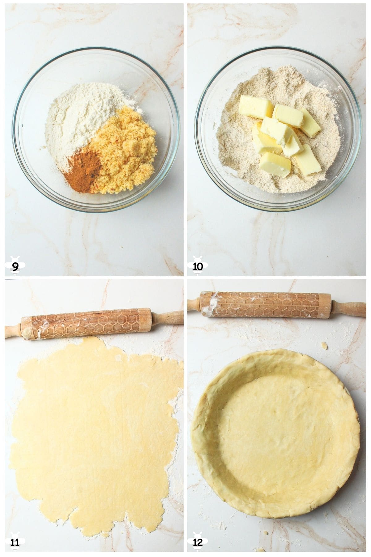 mix crumble ingredients and cut in butter, roll out pie crust and shape.