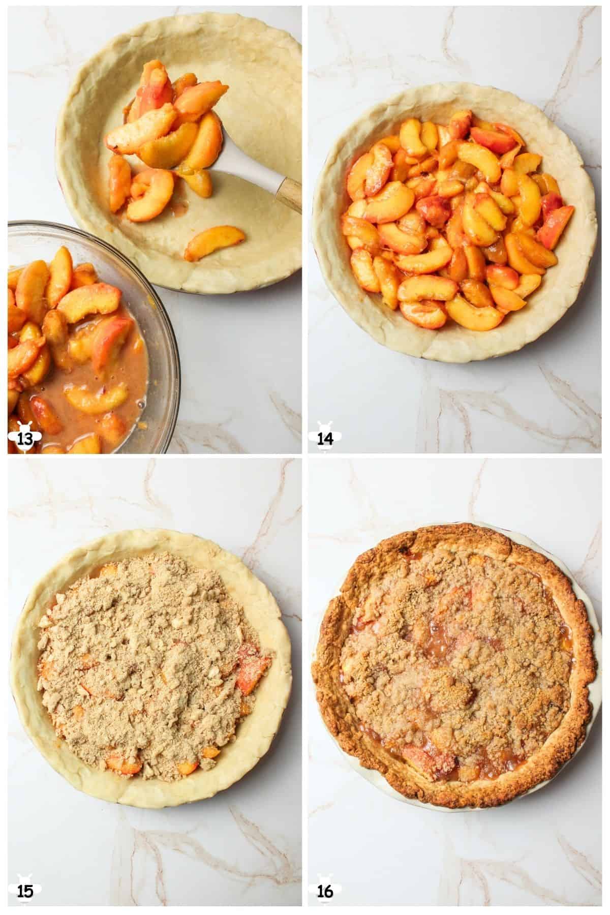 scoop peach filling into crust, top with crumble and bake.