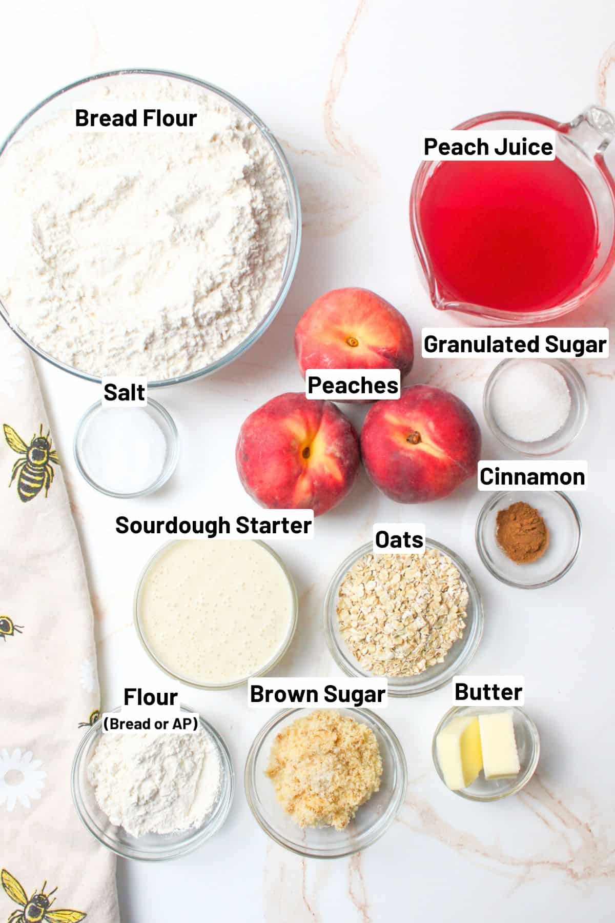 labeled ingredients needed to make peach sourdough bread.