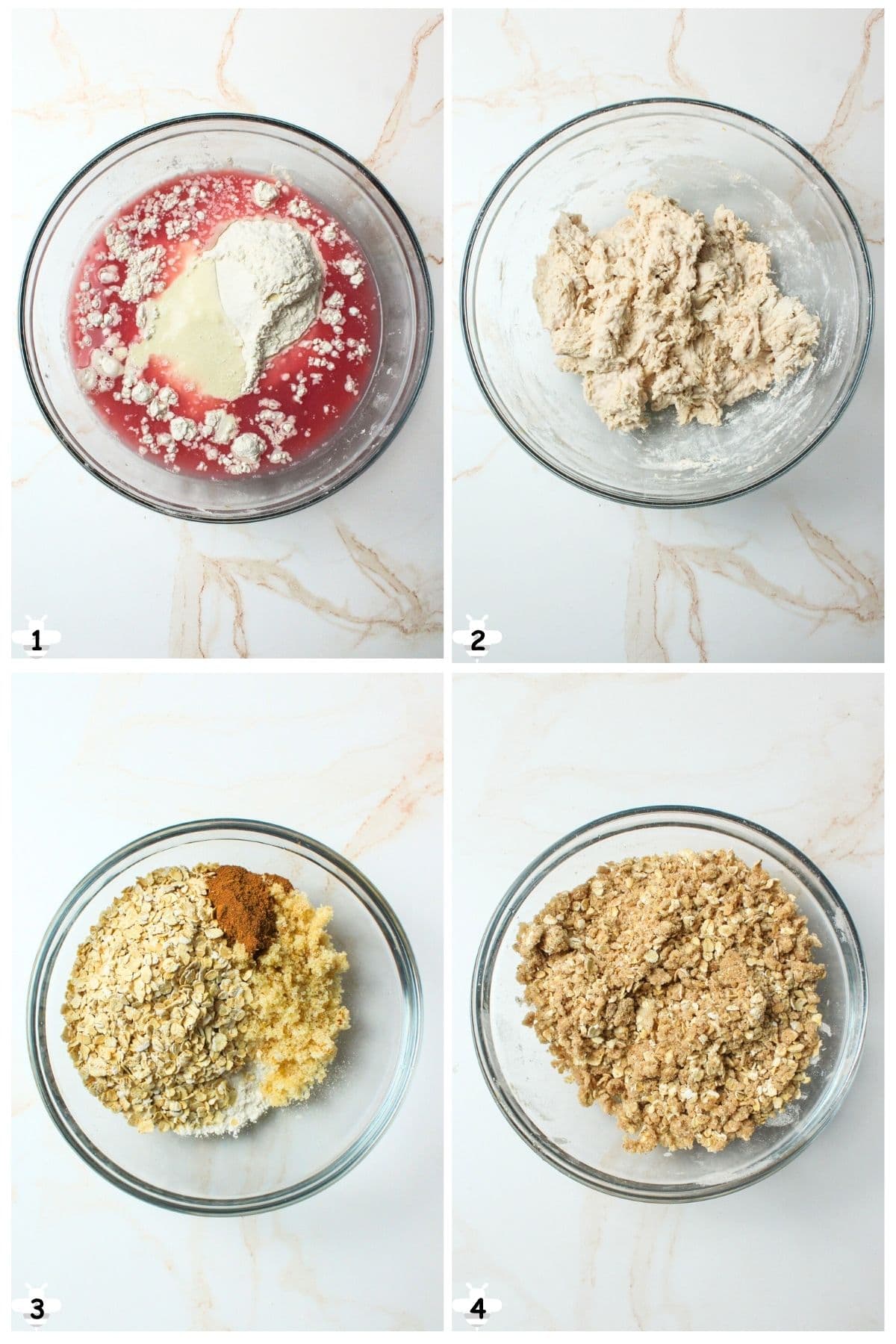 mix dough ingredients and rest then mix crisp ingredients and chill till needed.