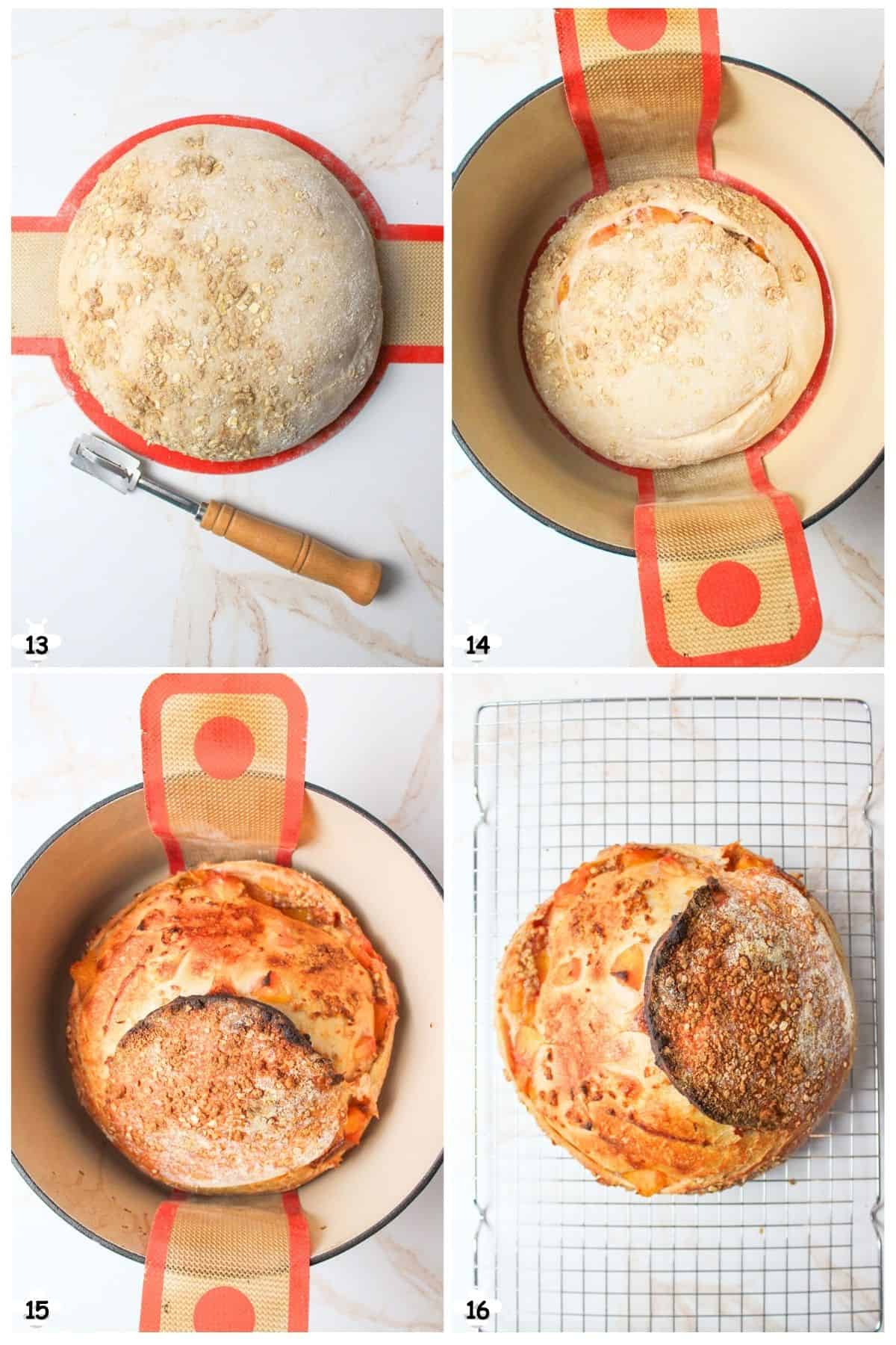 score dough and add to dutch oven, bake and cool.