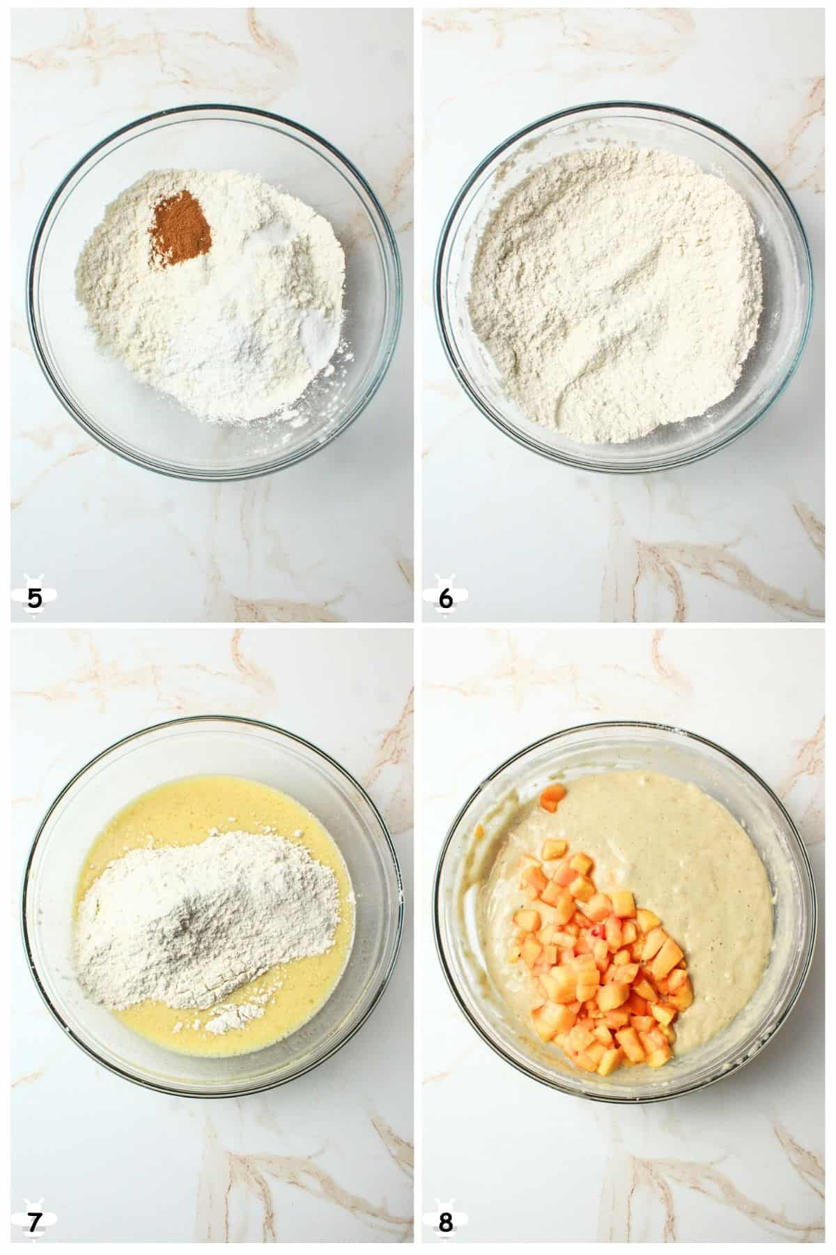 mix dry ingredients, add to wet, add peaches.