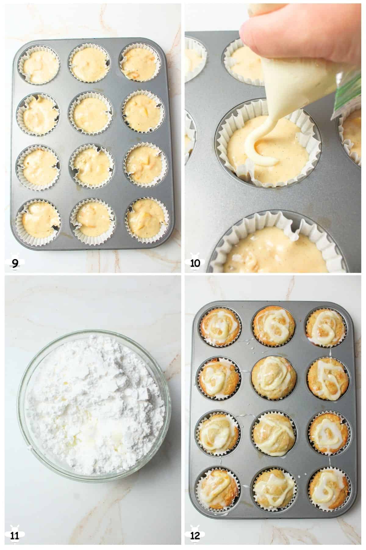 scoop batter into muffin pan, add cream cheese, bake, add icing.