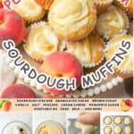 promotional graphic for peaches and cream sourdough muffins.