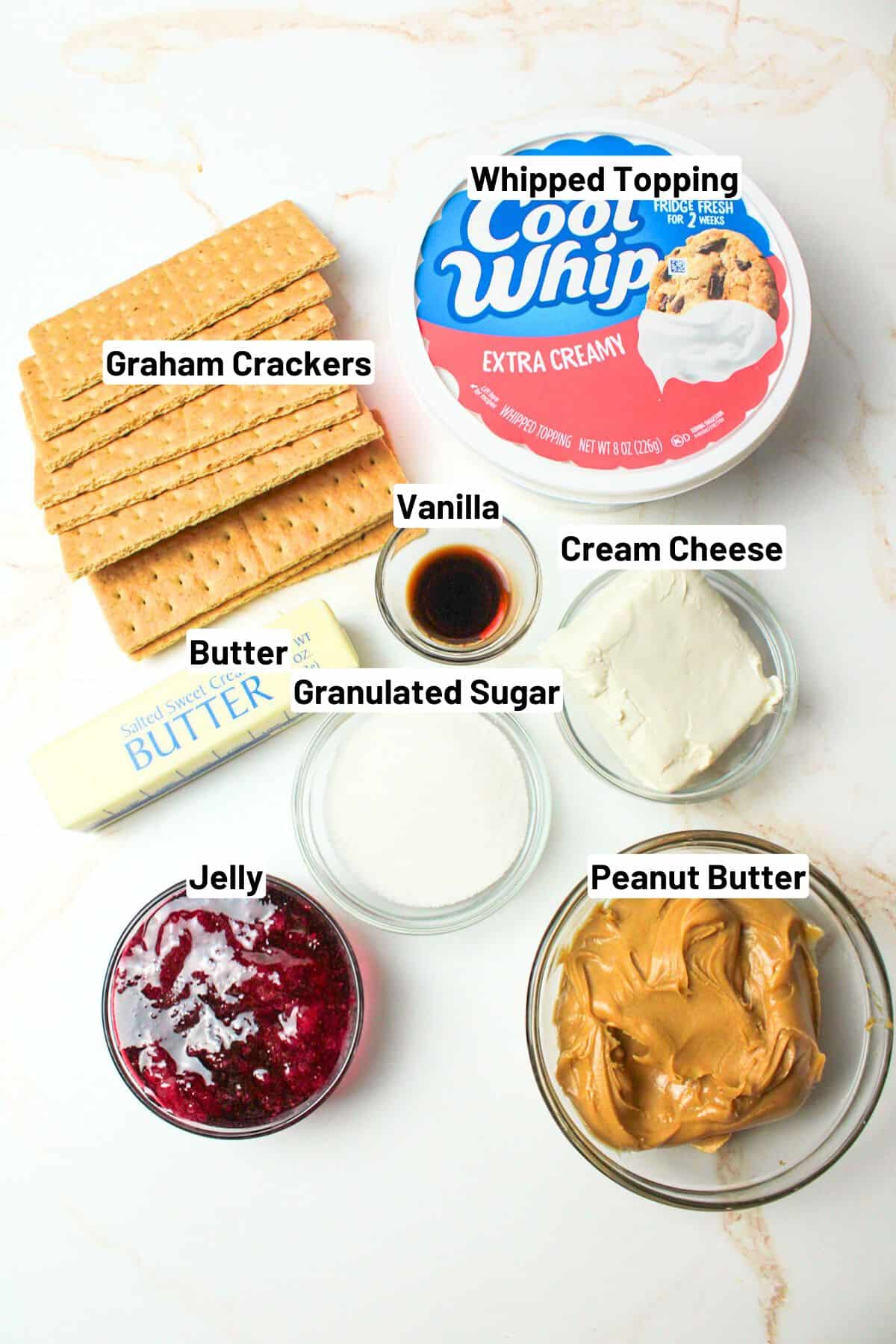 labeled ingredients needed to make peanut butter and jelly pie.