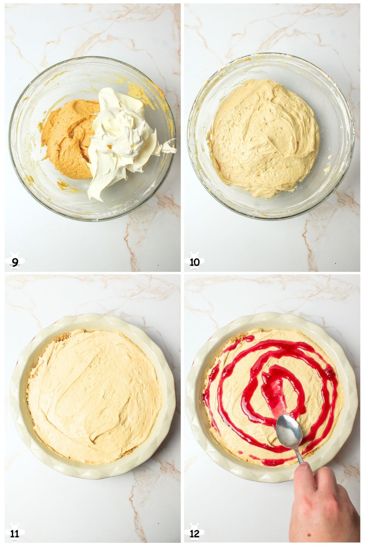 fold in whipped topping and spread into pie plate, top with jam.