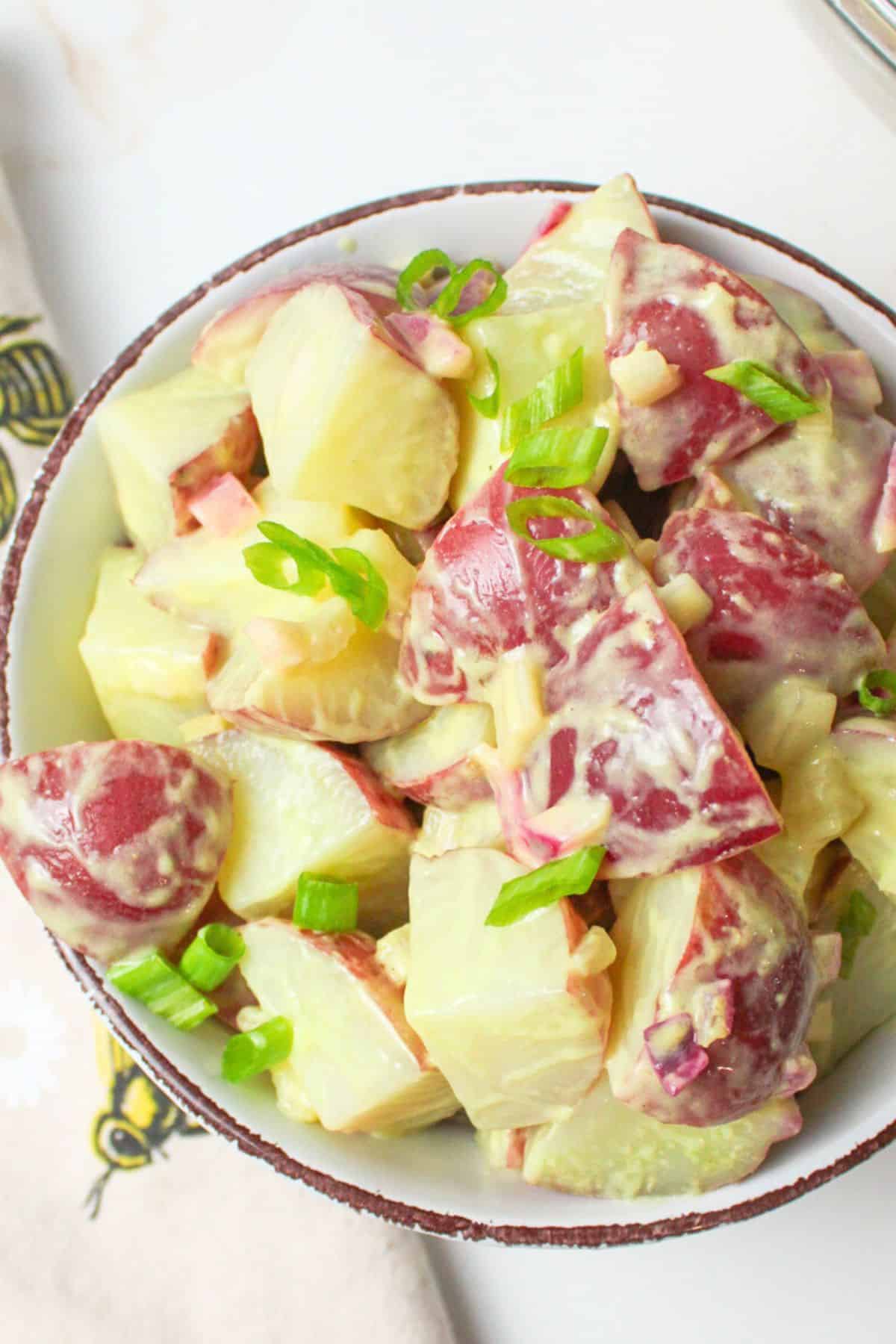 red potato salad in bowl garnished with green onions.