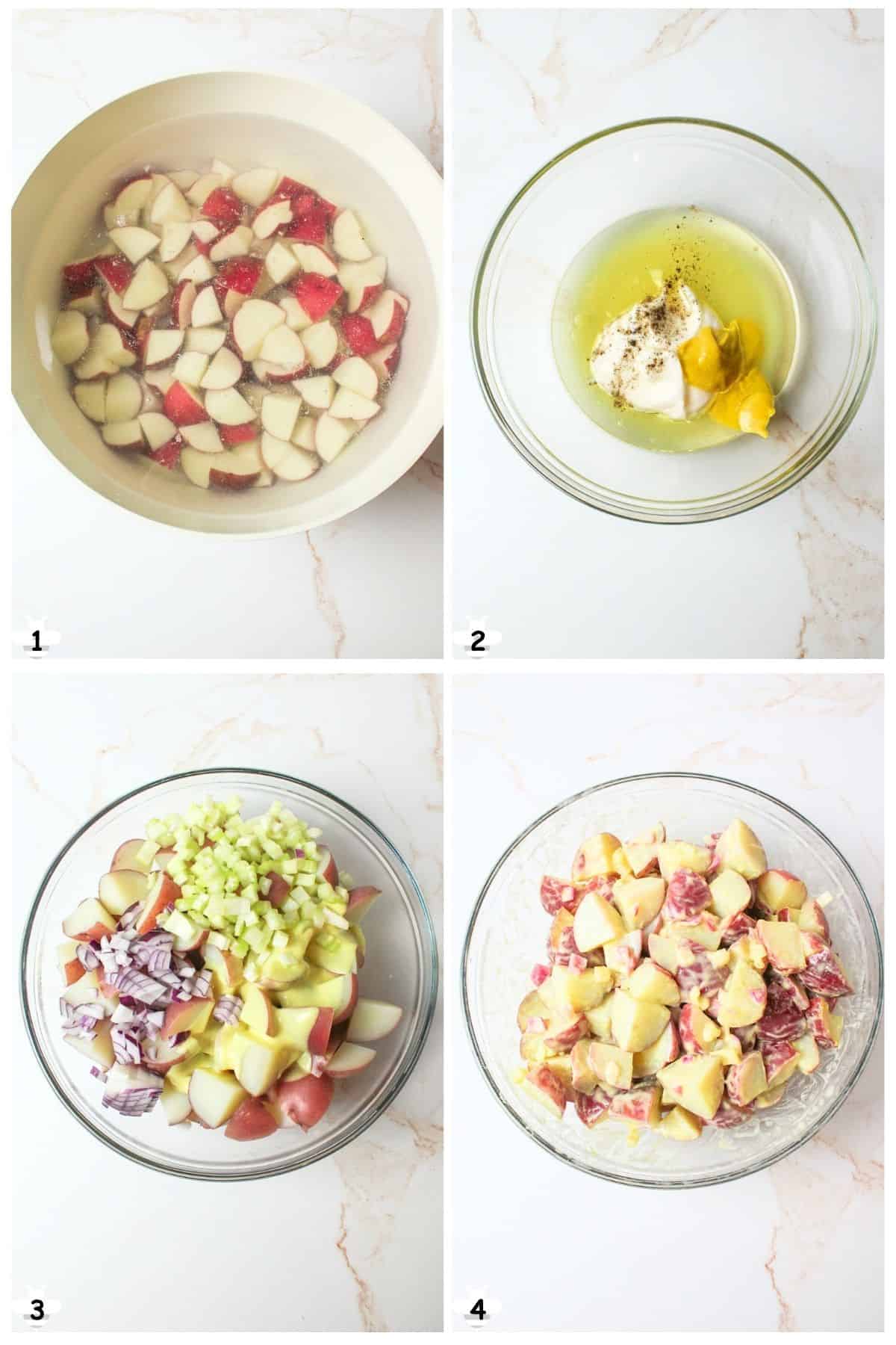 boil potatoes, mix dressing and then mix everything together in large bowl.