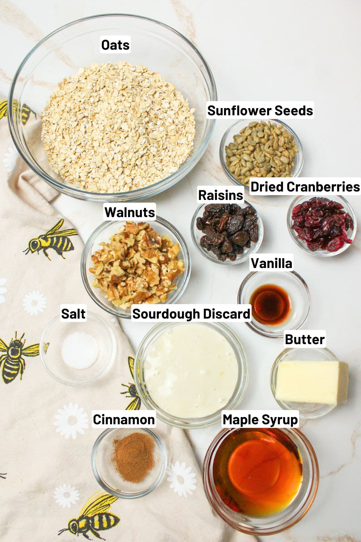 labeled ingredients needed to make sourodugh granola.