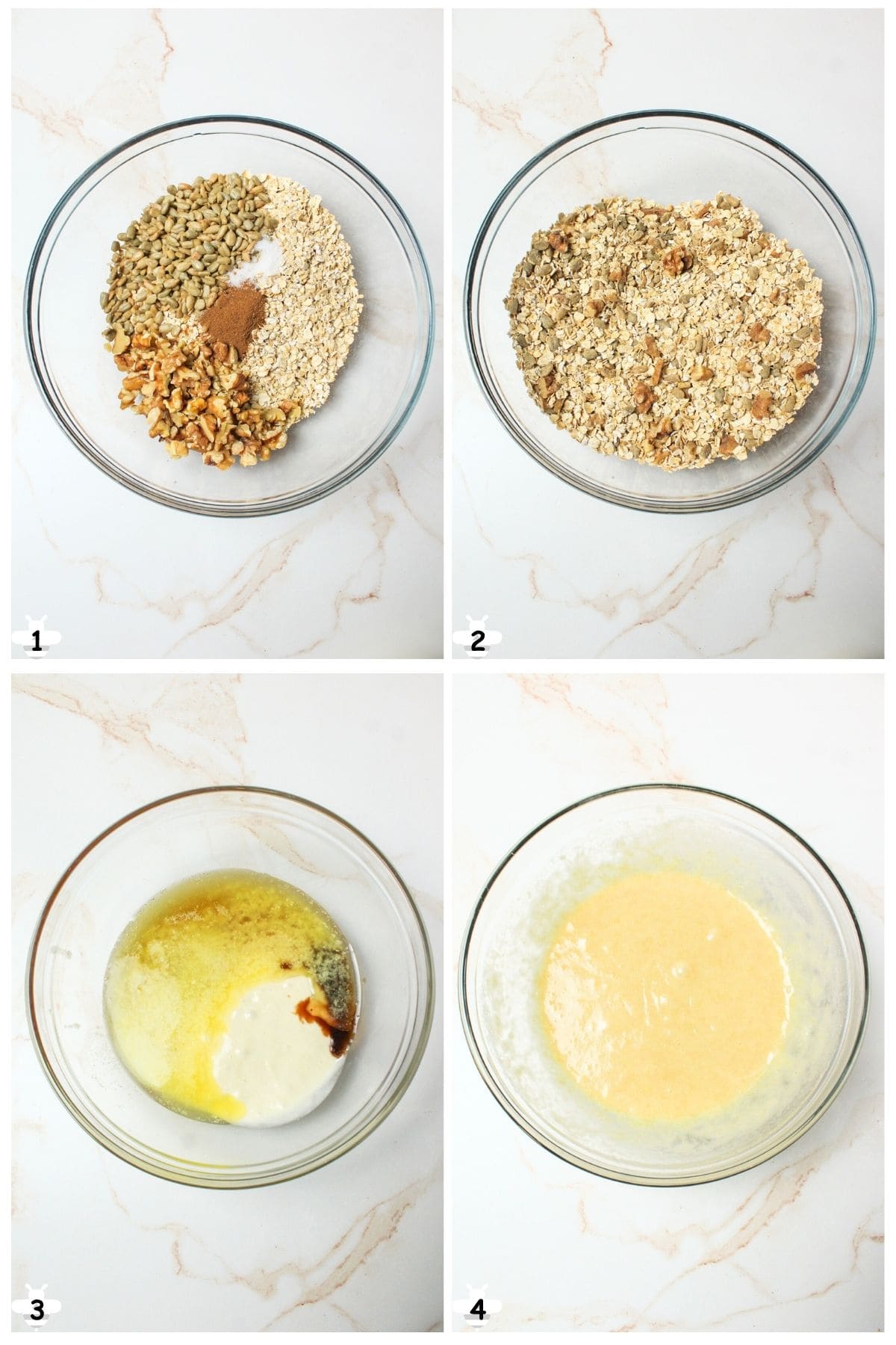 mix oats and dry ingredients, in other bowl mix wet ingredients.