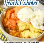 promotional graphic for sourdough peach cobbler.
