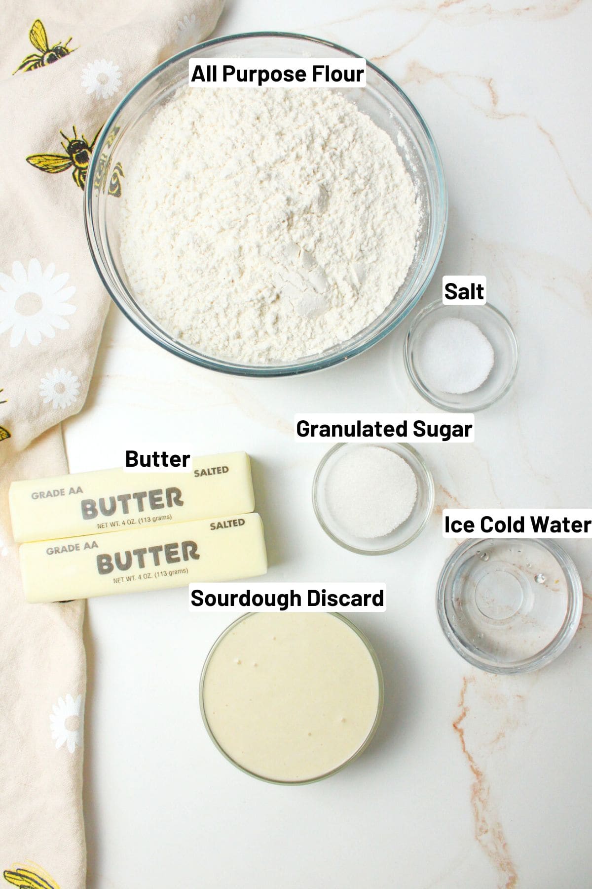 labeled ingredients needed to make sourdough pie crust.