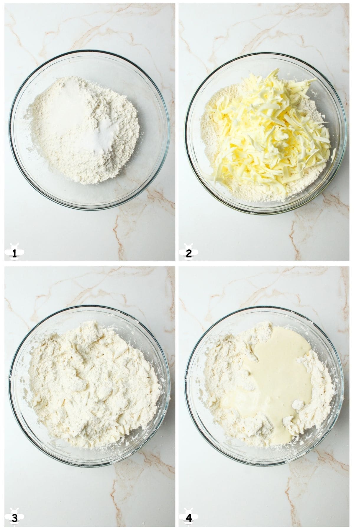 whisk dry ingredients and add in shredded butter then add in sourdough.