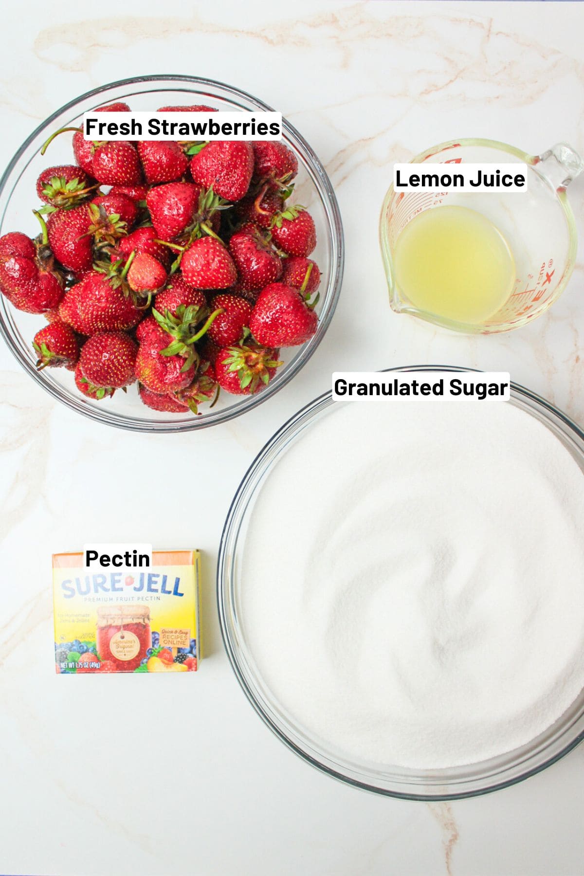 labeled ingredients needed to make strawberrry jam.