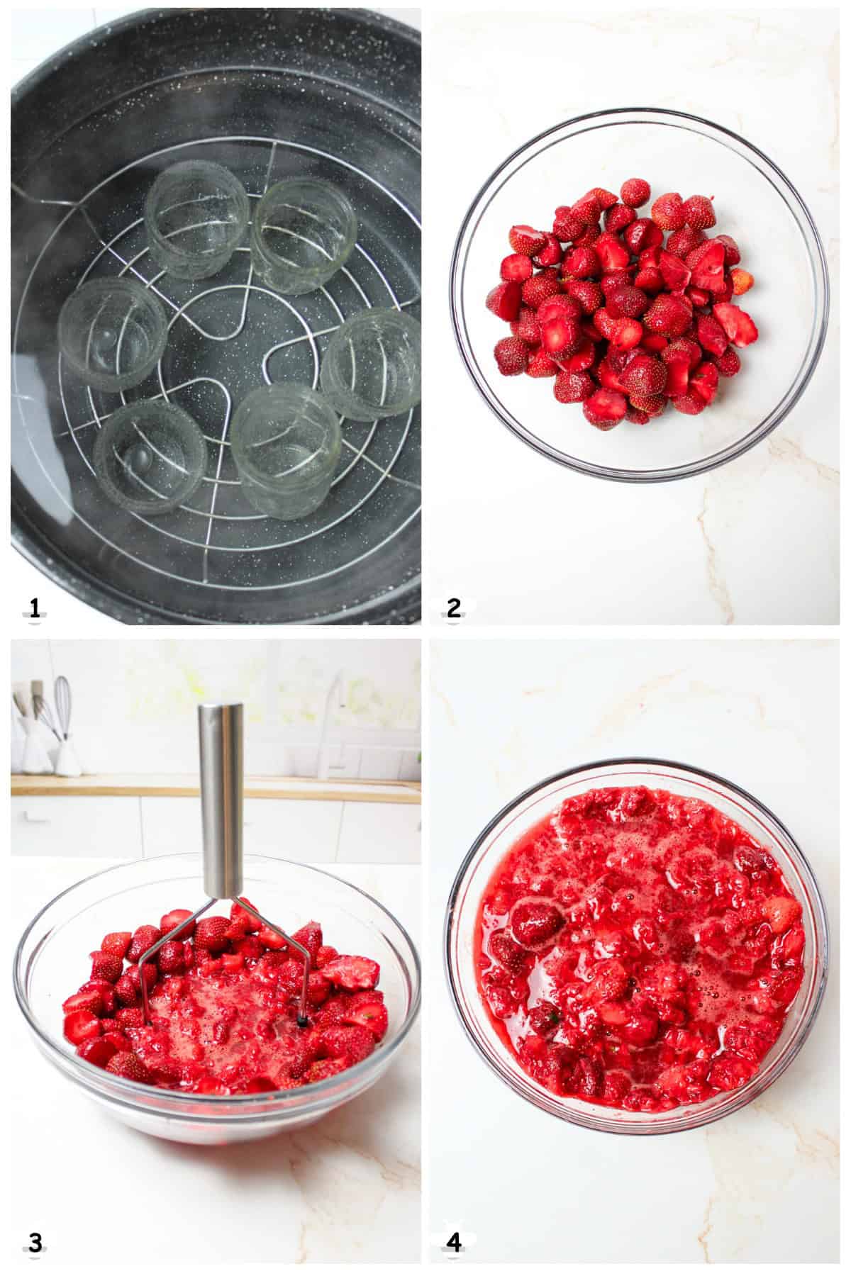 sanitize jars and mash strawberries.