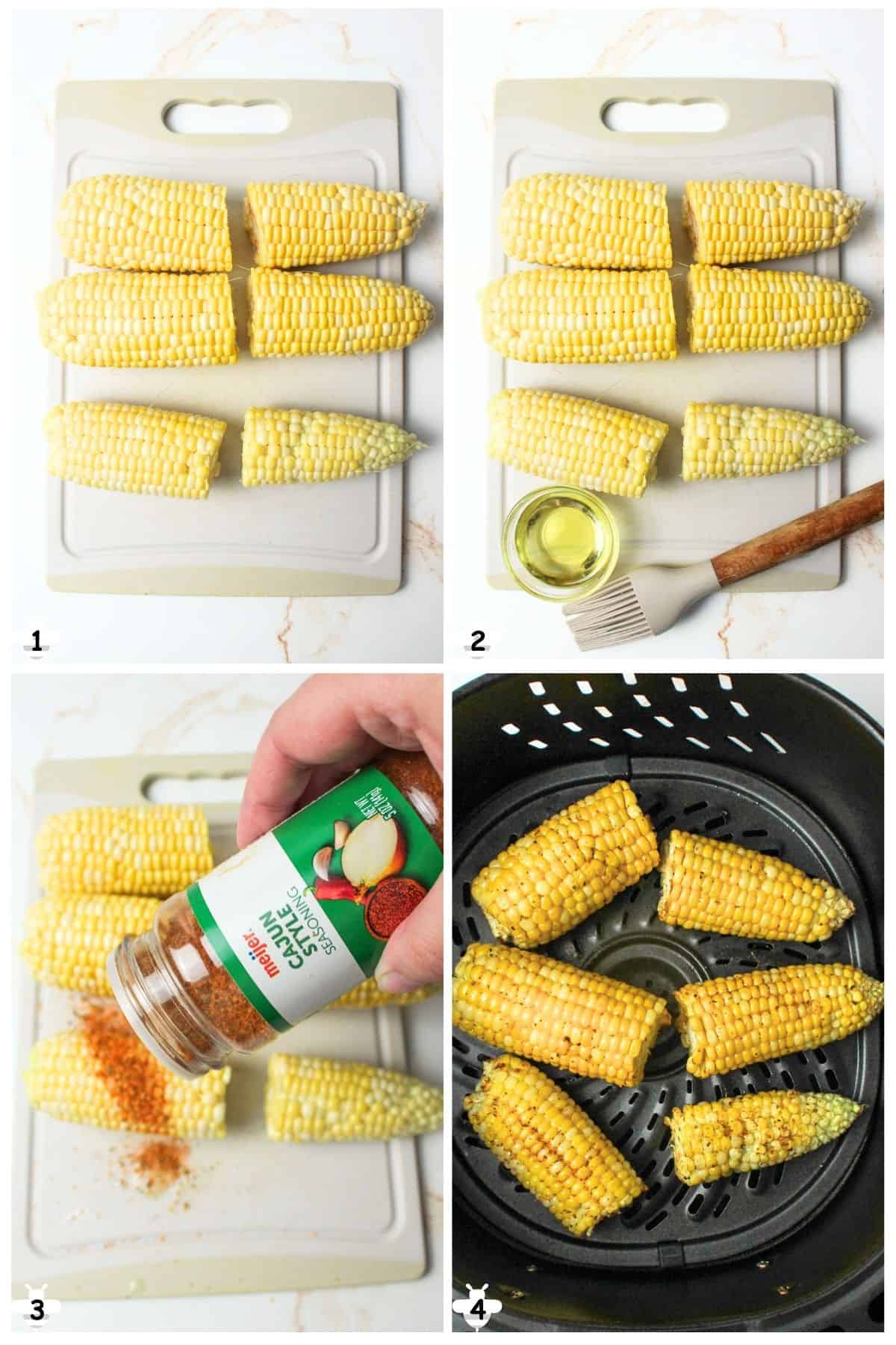 halve the corn, brush with oil, add seasoning, and cook.