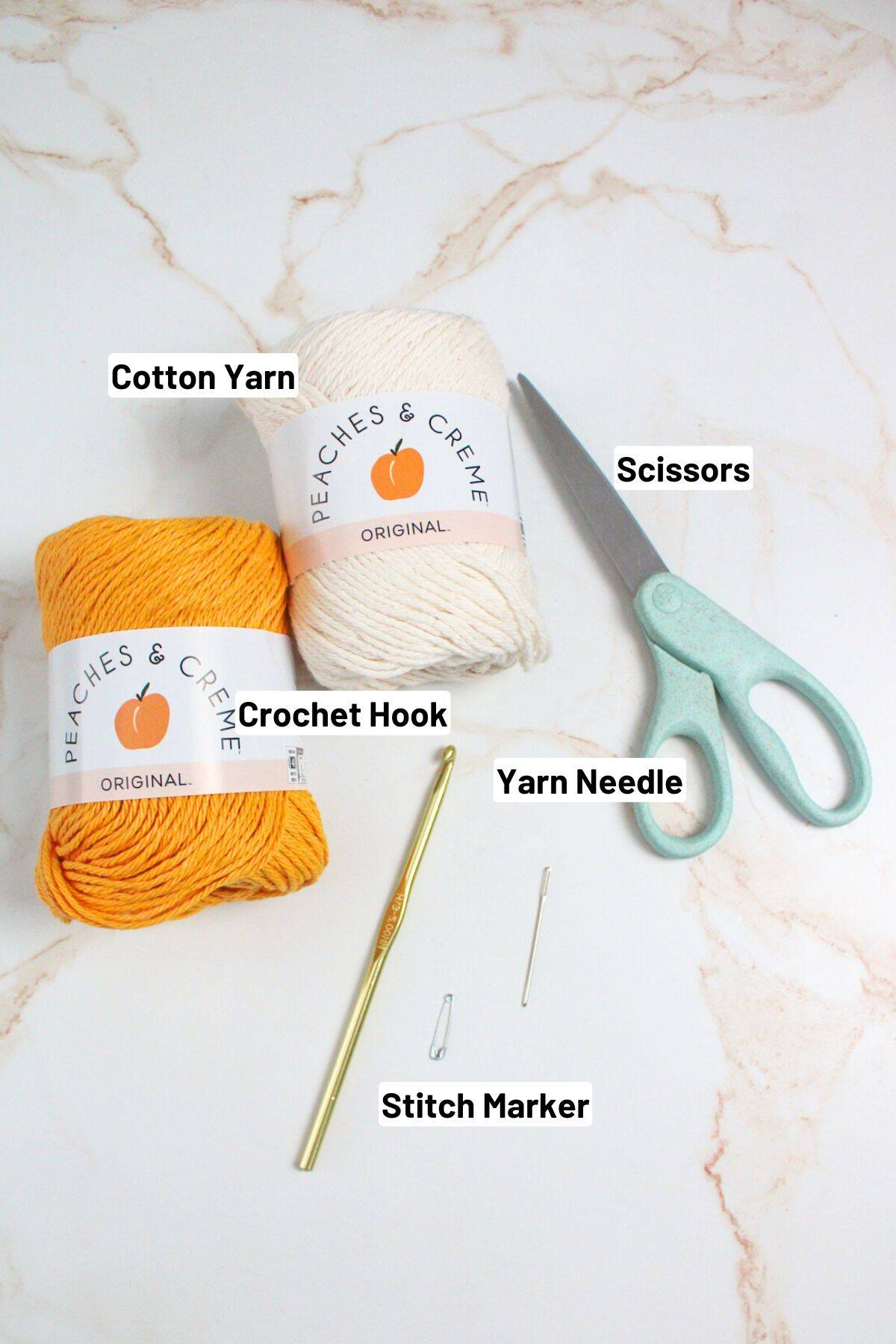 labeled materials needed to make crochet loofah.
