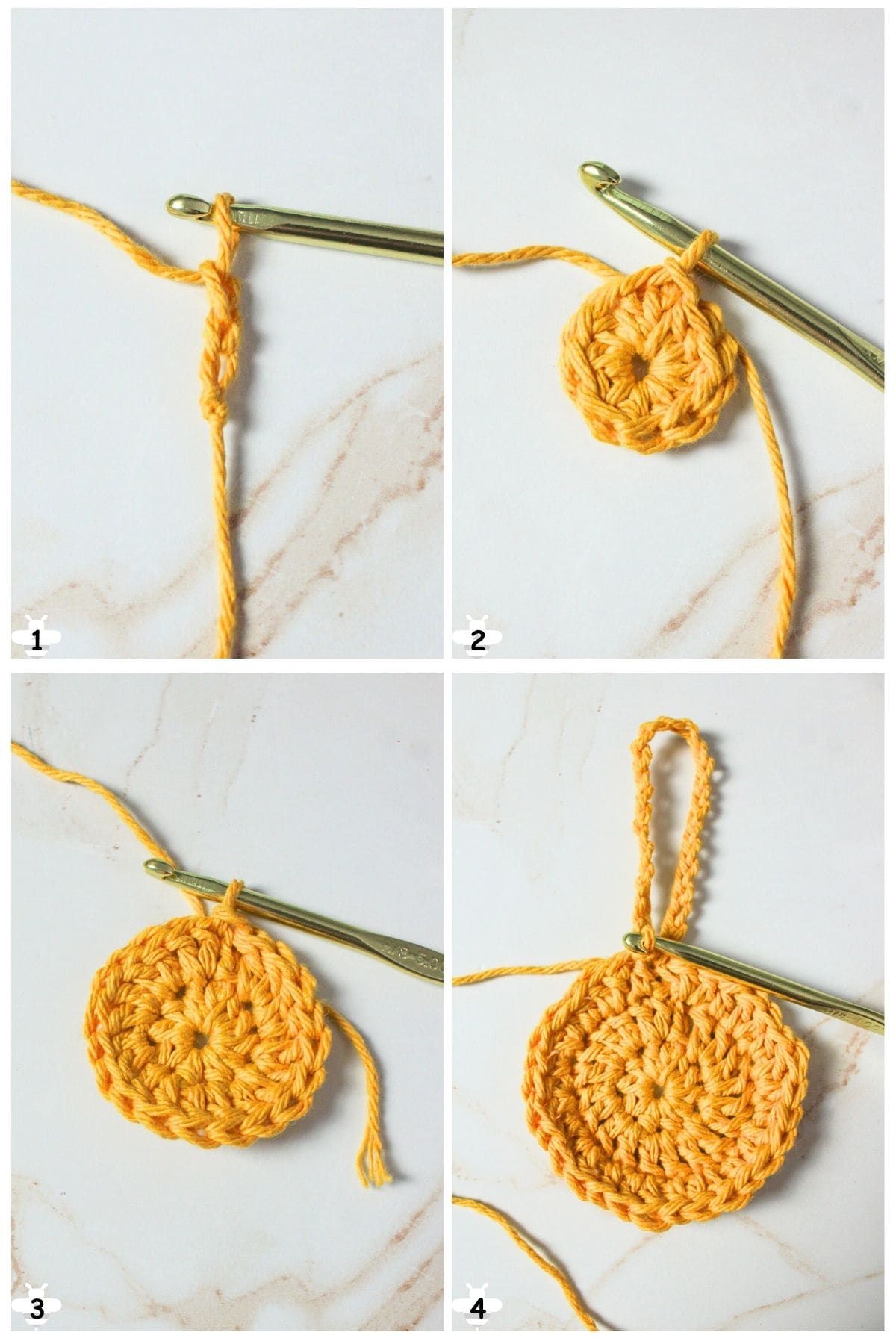 chain 3 and form a circle then double crochet rounds and add hanging loop.
