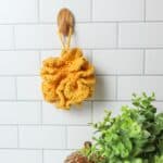 a crochet loofah hanging on a wall above a plant.
