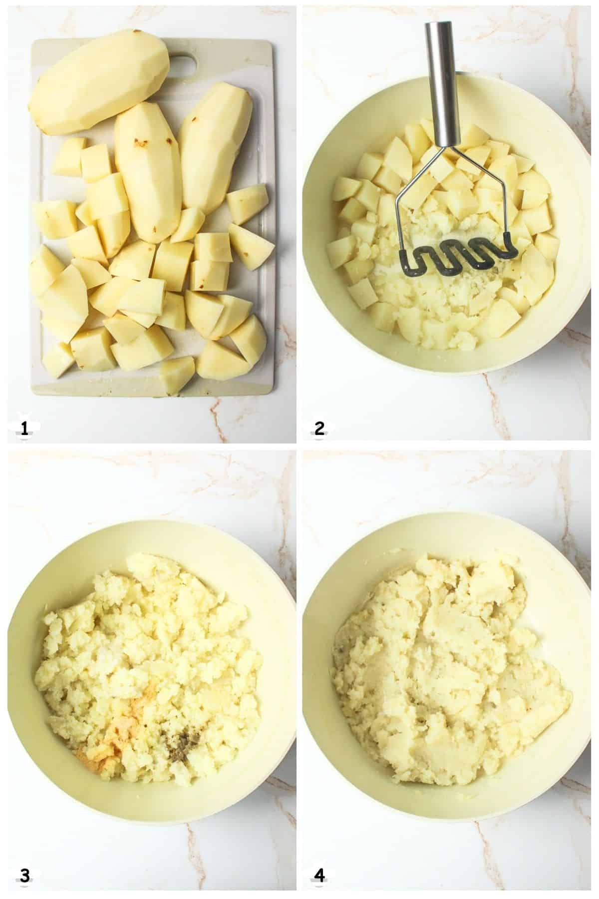 chop potatoes, boil, mash, add seasonings and liquid, stir.